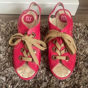 Fly London Ylva Perforated Leather Lace Up Wedge Sandal Size 39 Red